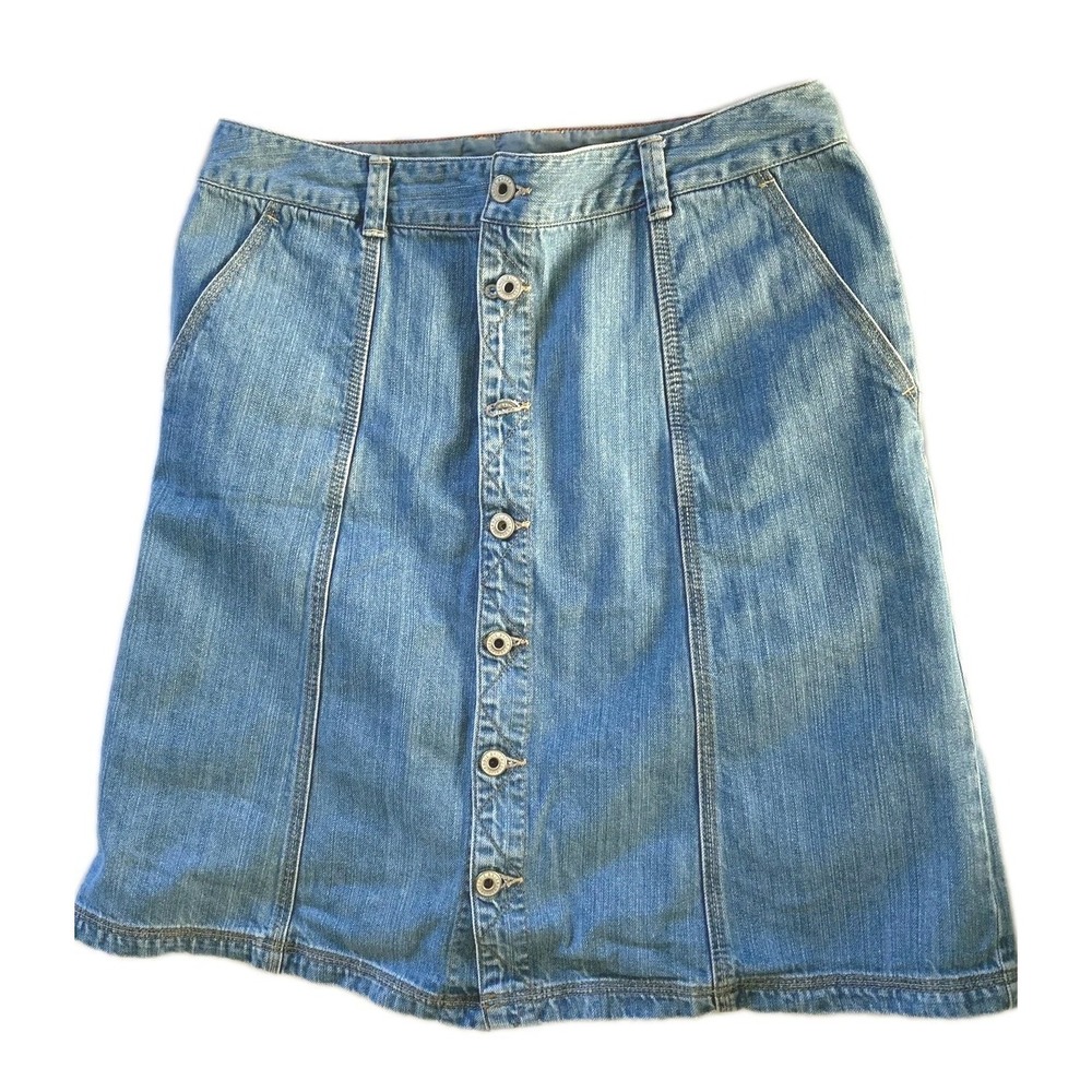 Eddie Bauer Denim Skirt Women 8 Blue Button Front A-Line Pockets Knee Length EUC